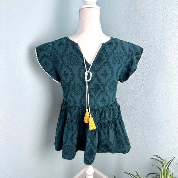 THML Blouse Size Small Emerald Green Peplum Pom Pom Trim Tassel Back Tie - Picture 6 of 10